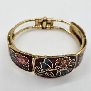Vintage Cloisonne Enamel Butterfly & Floral Clamper Cuff Bracelet